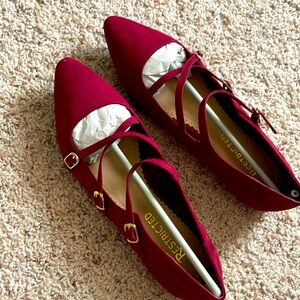 NEW Suede surface Red wine 7.5M Flats point toe, adjustable straps with buckles